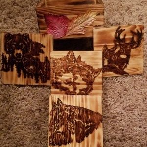 Rustic Animal woodburned coaster set